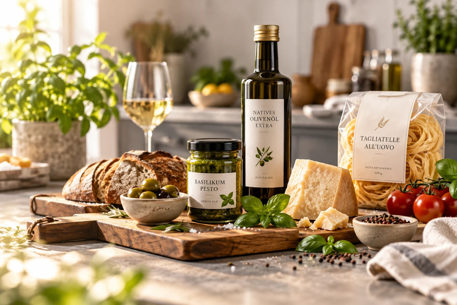 Mediterrane Feinkostprodukte auf einer Küchenfläche