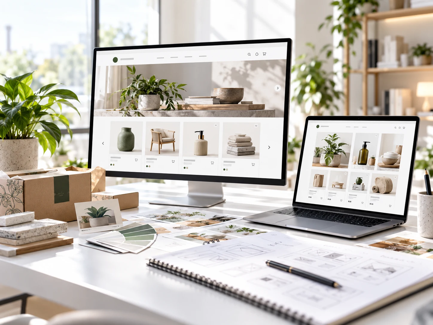 calm agency workspace with e-commerce design material and a natural working atmosphere