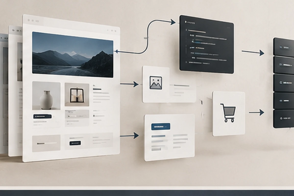 technische Konzeptdarstellung eines entkoppelten Shopfrontends mit API- und Backend-Ebenen