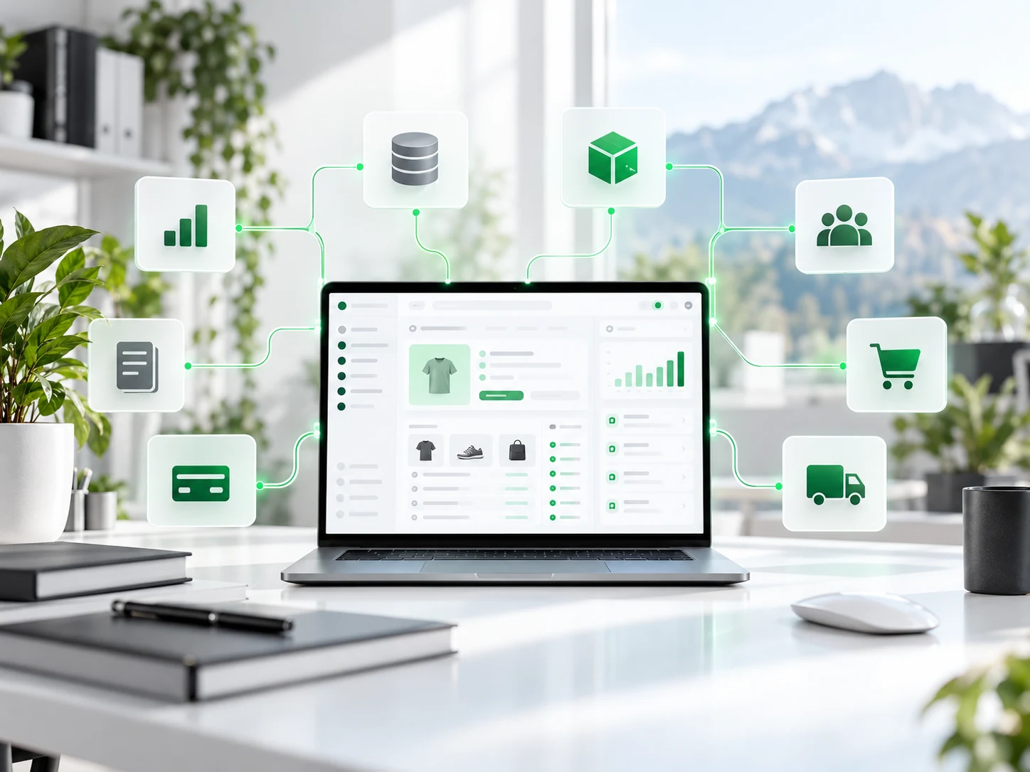 Visualisierung vernetzter Shop-Integrationen für Daten, Zahlung, Versand und Kundenprozesse