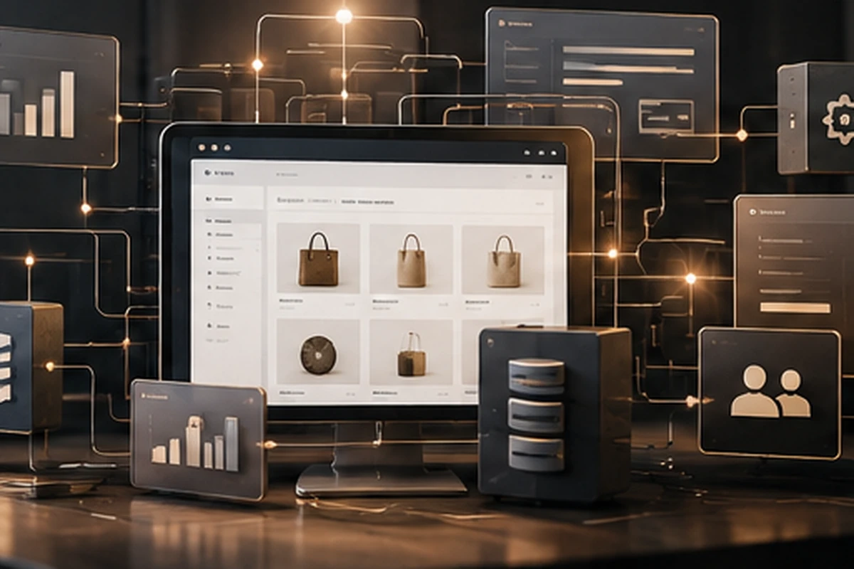Enterprise-Commerce-Systemlandschaft mit Shop, Datenbanken, Analytics und Integrationsmodulen