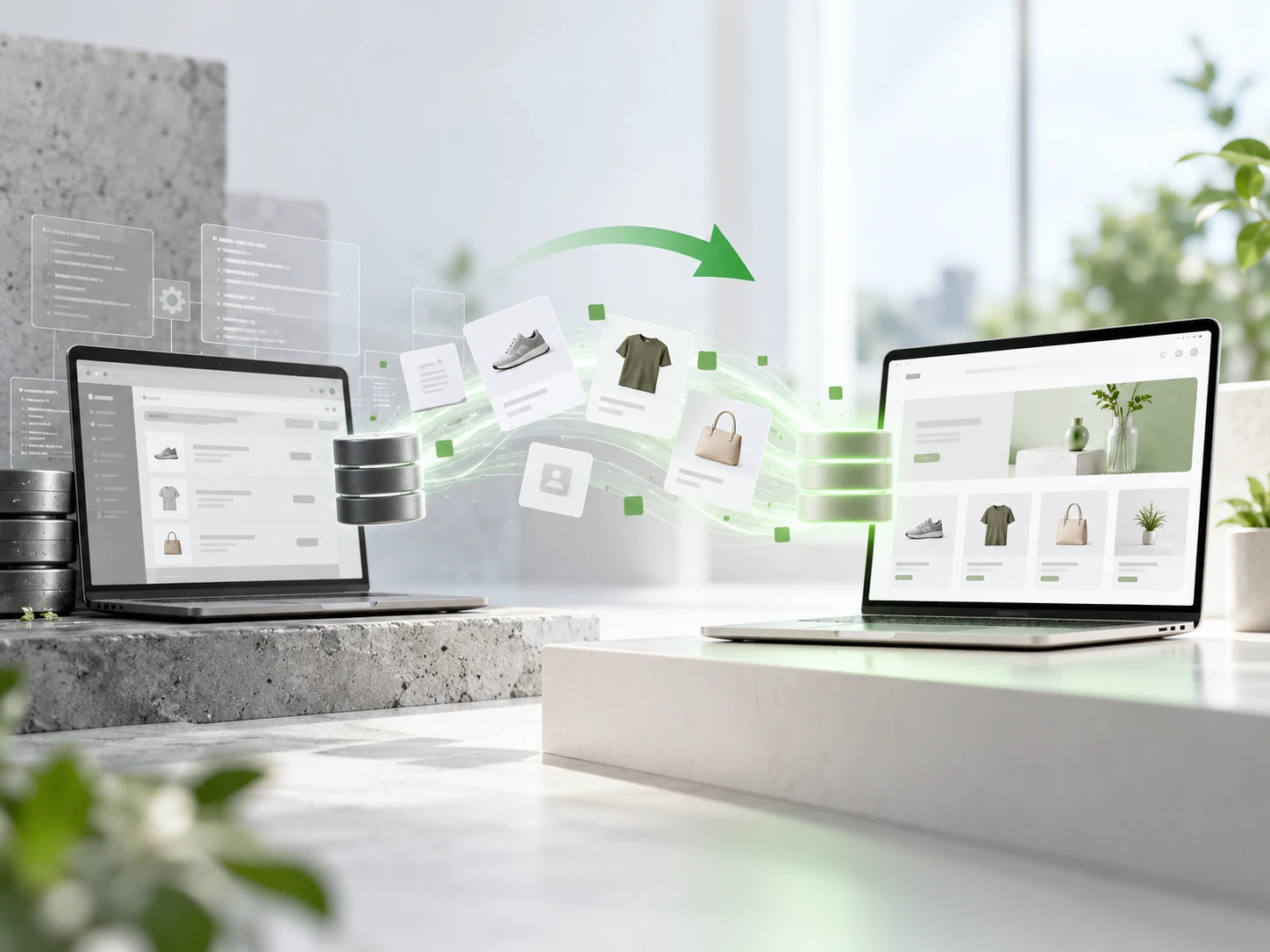Visualisierung einer Shop-Migration zwischen Alt- und Neusystem mit übertragenen Produktdaten
