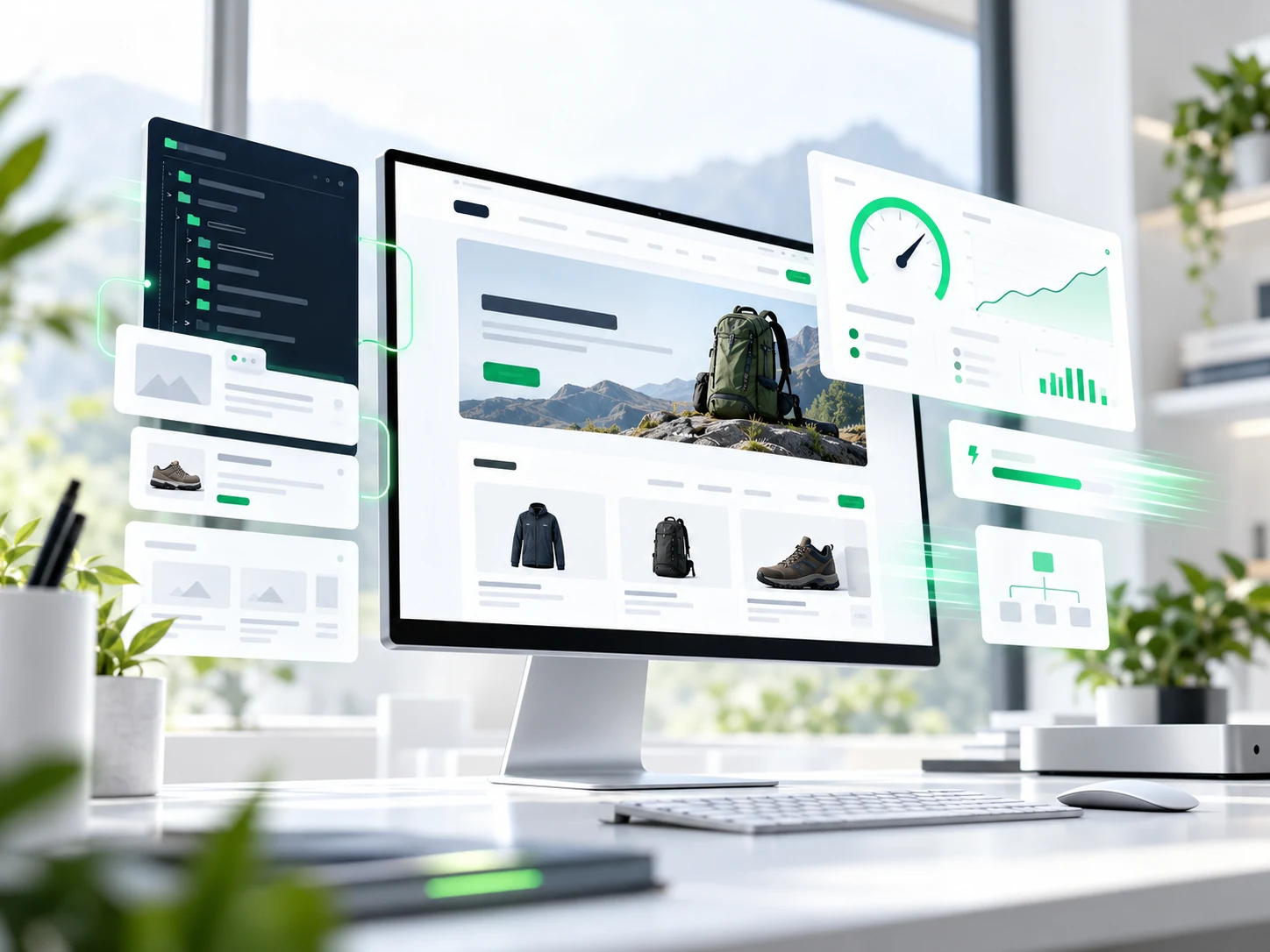 Szene eines Shop-Optimierungs-Workspaces mit Performance-, Speed- und Struktur-Overlays