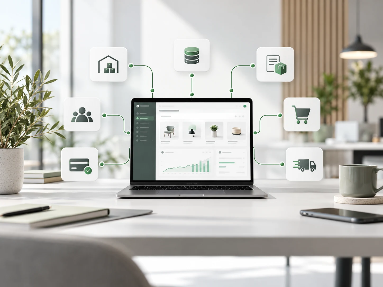 overview scene with a connected e-commerce dashboard and service modules