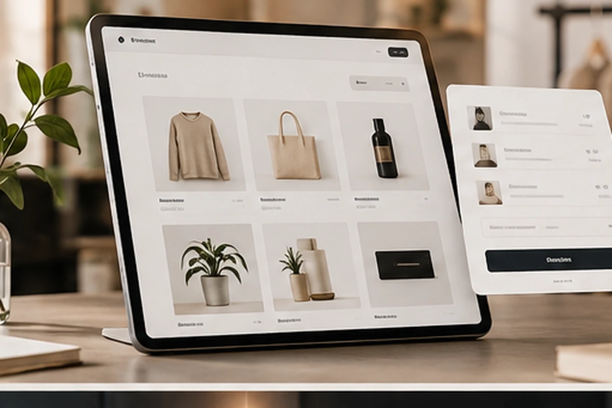 E-Commerce-Konzeptdarstellung eines klar strukturierten SaaS-Storefronts auf Tablet und Desktop