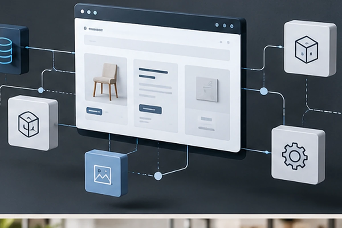 modulare Commerce-Architektur mit Storefront, Datenmodulen und Integrationspunkten