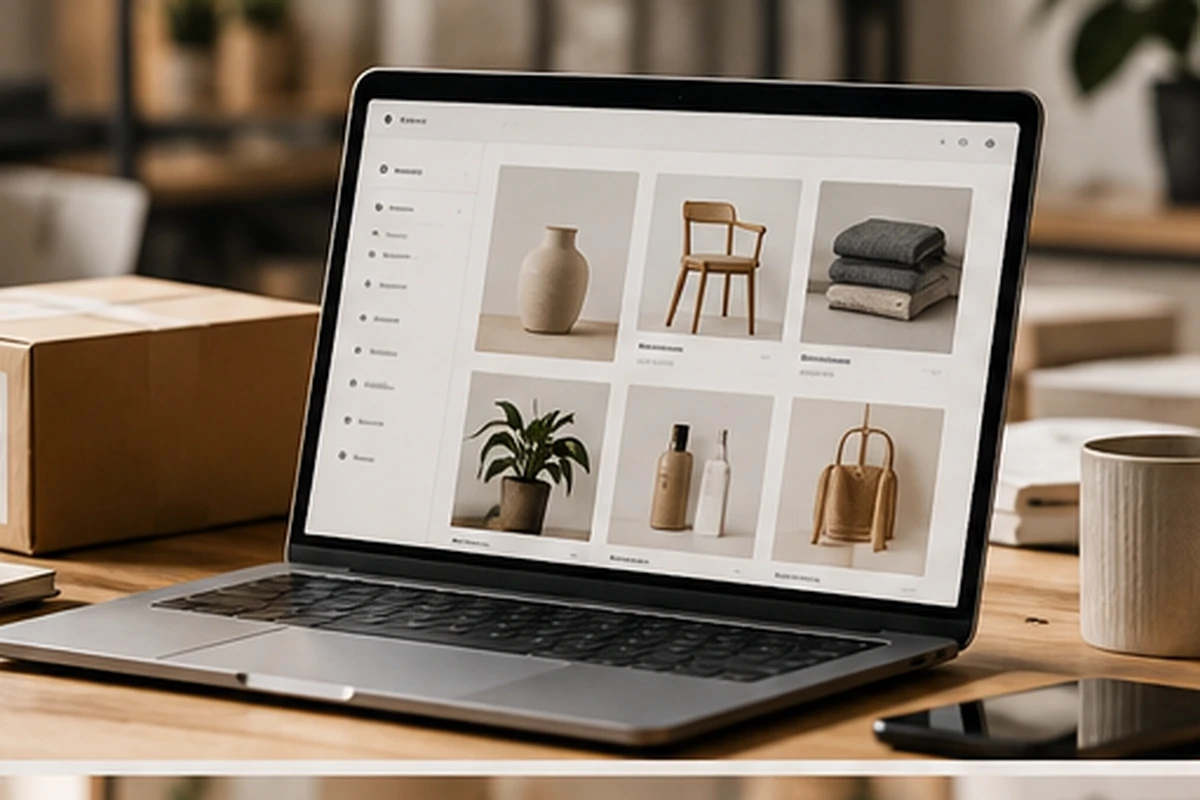 Konzeptdarstellung eines offenen E-Commerce-Setups mit Produktkatalog auf einem Laptop